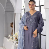 grey 3 piece stitched linen embroidery